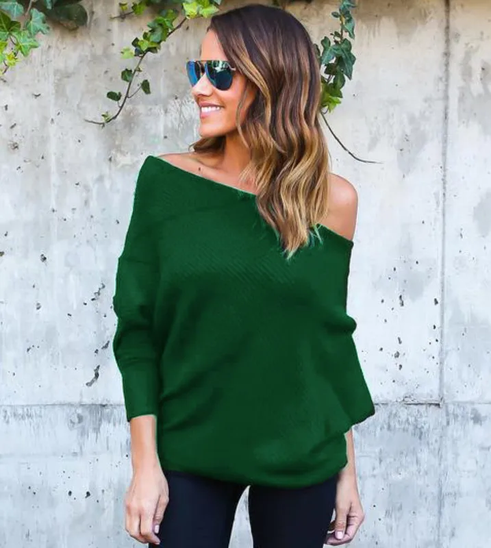 Без бретелек рукав летучая мышь вязать Для женщин вязаный свитер белый пикантные