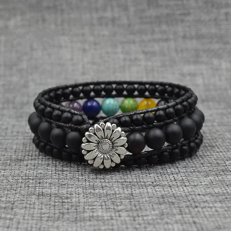 Женский и мужской браслет на запястье кожаный из лавы оникса с кожаным