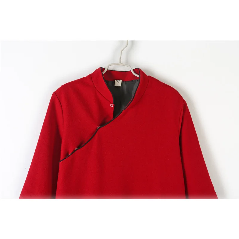 Chinese Cheongsam Dress Woolen Warm Thick Long Sleeve Dress Zen Tea Daily Long Sections Red