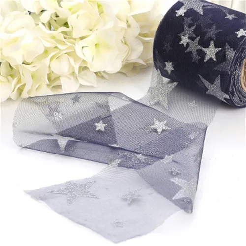 navy blue silver 8 см* 25 ярдов Звезды Лента с блестками Тюль ролл суши DIY Baby Shower День рождения декоративная лента упаковки подарков на свадьбу, надпись «Bride Tribe» декор - Цвет: navy blue silver