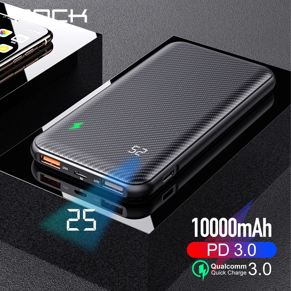 ROCK power Bank 10000 мАч Тип C PD Быстрая зарядка 3 0 USB внешний аккумулятор для iPhone samsung