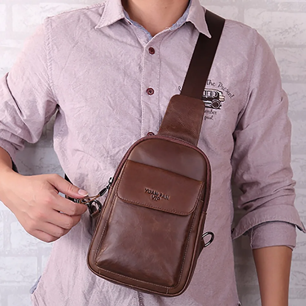 Мужская нагрудная сумка мессенджер из натуральной кожи повседневная слинг через