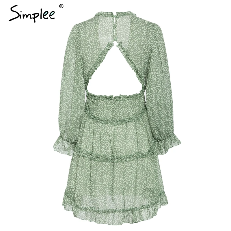 Simplee Sexy v neck women dresses Elegant floral print lantern sleeve ruffle dress Hollow back party ladies mini vestido | Женская