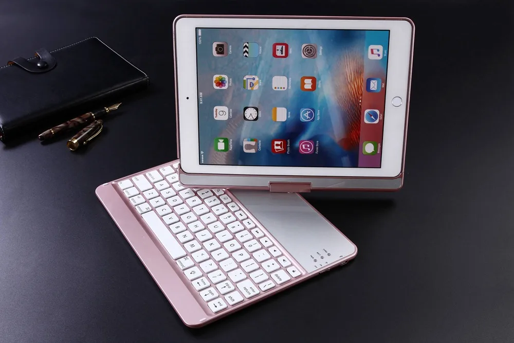 Для iPad 9,7 360 градусов вращения беспроводной Bluetooth русский/Иврит/Испанский Клавиатура чехол с 7 цветов светодиодный подсветка