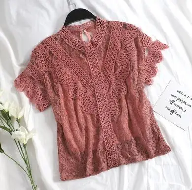Embroidered red Женская блузка из двух частей с цветочным принтом и сеткой, летняя, осенняя, милая, открытая, кружевная рубашка, женские блузы с коротким рукавом, Короткие топы AB1451 - Цвет: Embroidered red