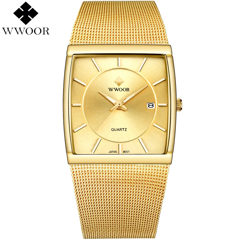 WWOOR Роскошные Брендовые мужские часы квадратные водостойкие золотые из
