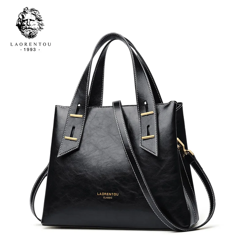 Женская сумка через плечо LAORENTOU черная тоут из спилковой кожи вместительная