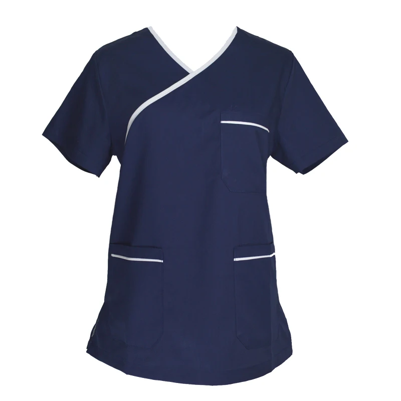 dark blue Женская мода короткий рукав Скраб Топы макет wrap Top медицинская униформа - Цвет: dark blue