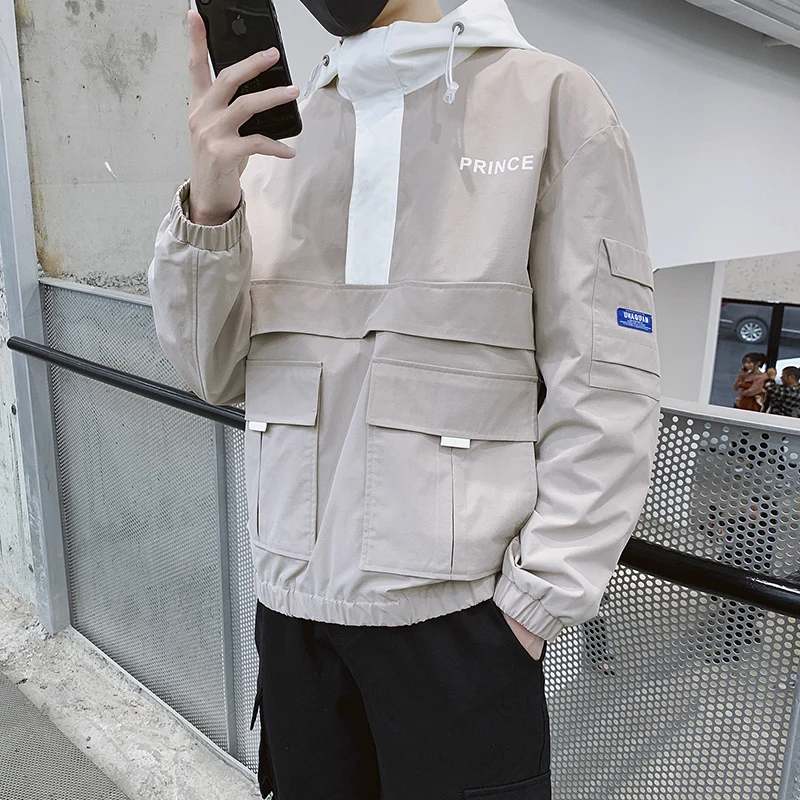 Мужская ветровка с передним карманом свободная повседневная куртка капюшоном 2019