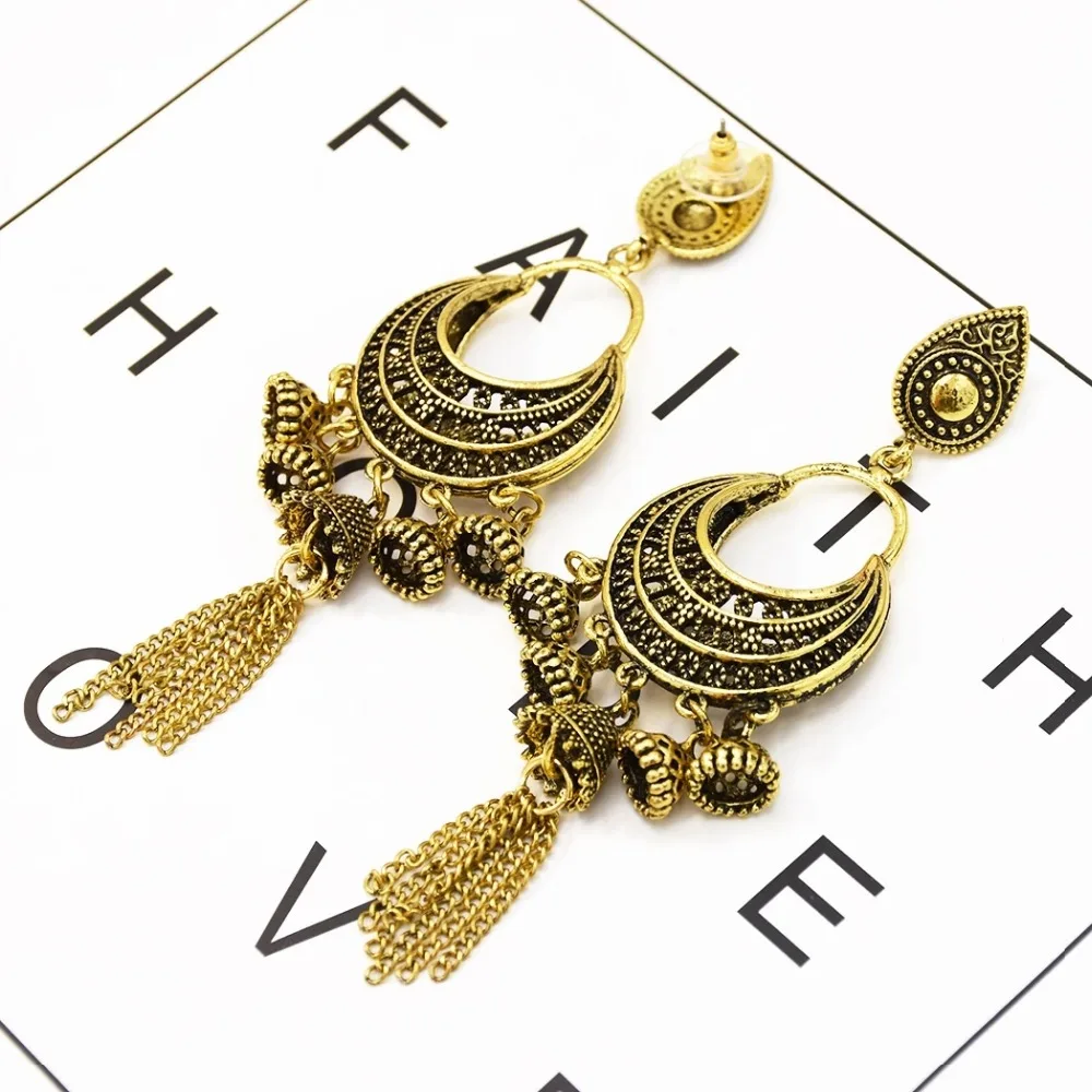 Индийские свадебные серьги для невесты, женские Jhumka Большие колокольчики, длинная ниспадающая кисточка, серьги, золото, серебро, Афган, Египет, Турция, этнические ювелирные изделия