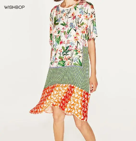 WISHBOP 2017SS женское летнее разноцветное платье туника с атласным эффектом круглым