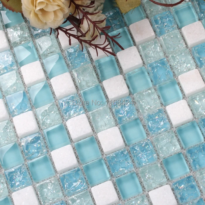 

square crackle glass mixed white stone blue color tiles for fireplace kitchen backsplash tile bathroom shower tile