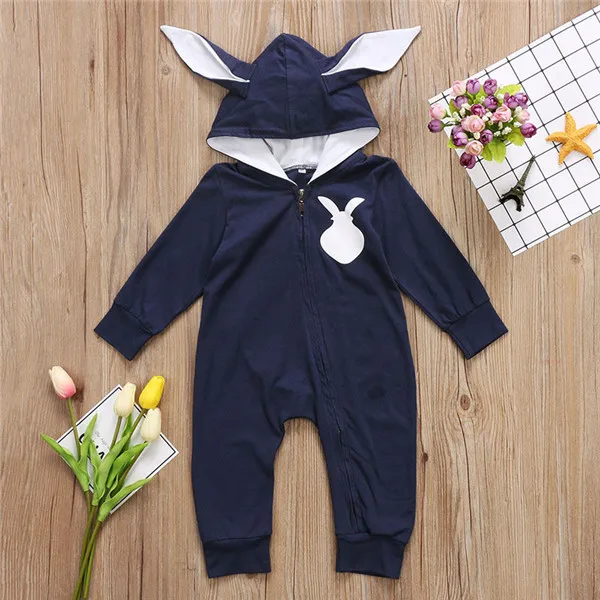 D1202 navy Baby Boys Jumpsuit Spring Long Sleeve Rabbit Ear Cotton Romper Newborn Baby Girls Clothes Easter Bunny Body Suits D1202 - Цвет: D1202 navy