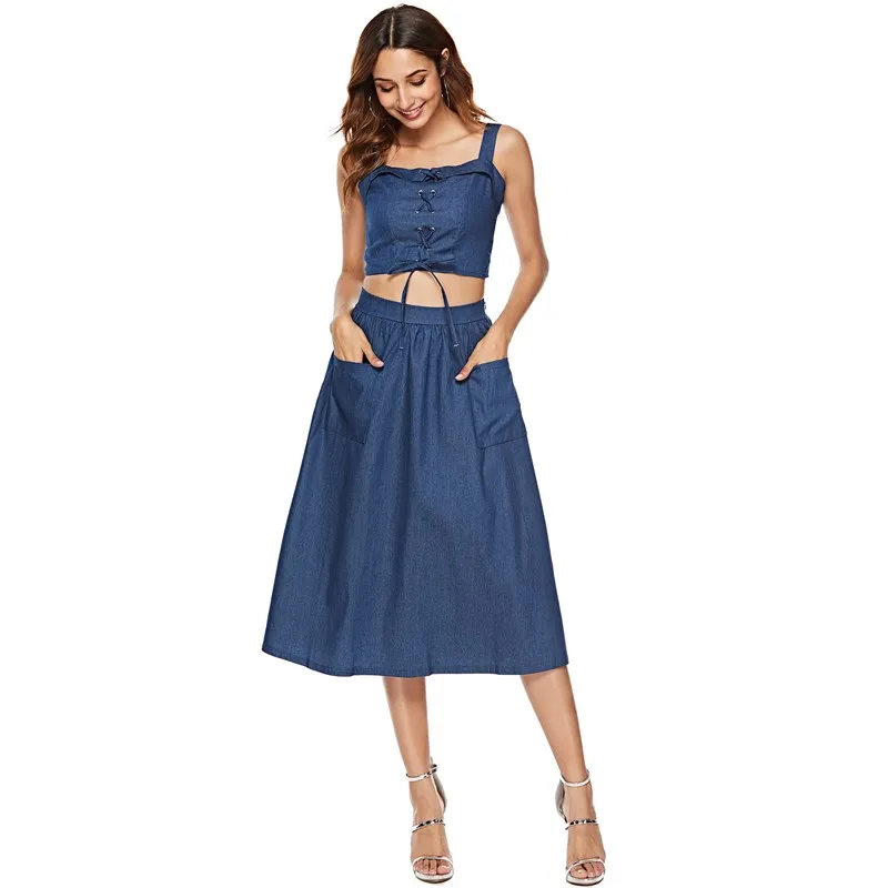 Летняя сексапильная джинсовая Повседневная Женская одежда из 2 предметов с