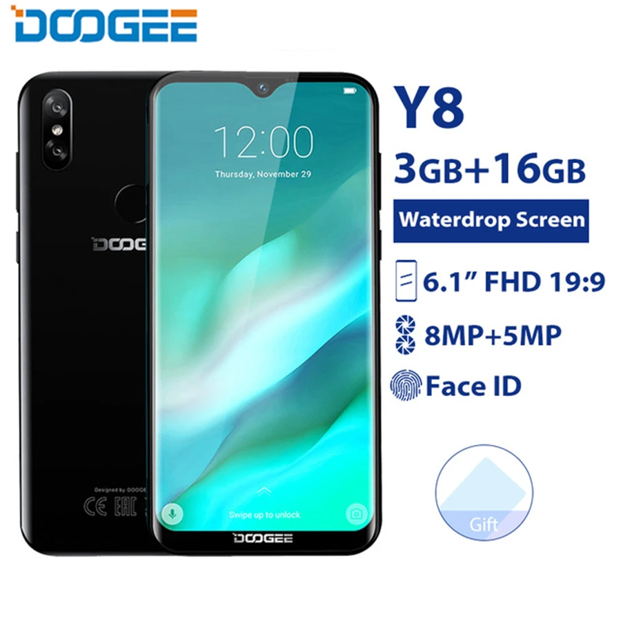 DOOGEE Y8 6 1 дюймов водонепроницаемый экран смартфон MTK6739 3 ГБ 16 Android 9 0 отпечатков