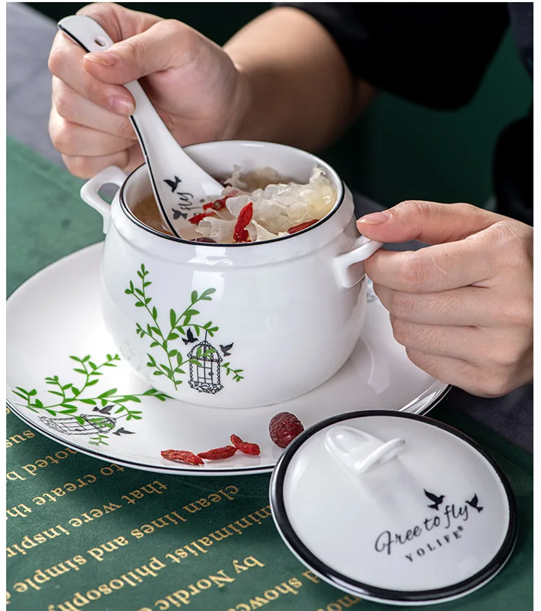 450 мл мультяшная чашка простой, маленький, стиль фарфоровая посуда Tureen кухонная чашка для супа гнездо десерт Медленная Плита суп с крышками