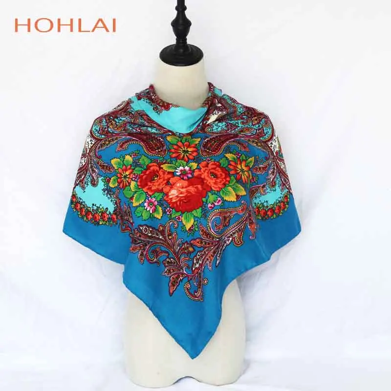 1 Big Square 120*120CM Twill Scarf Bohemia Ethnic Flowers Vintage Style Winter Autumn Muslim Woman Lady Scarf - Цвет: 1