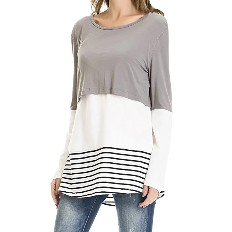 Grey Khaki Топы для беременных и кормящих женщин футболка новая мама летние футболки для кормления с длинными рукавами Полосатая Футболка для беременных - Цвет: Grey Khaki