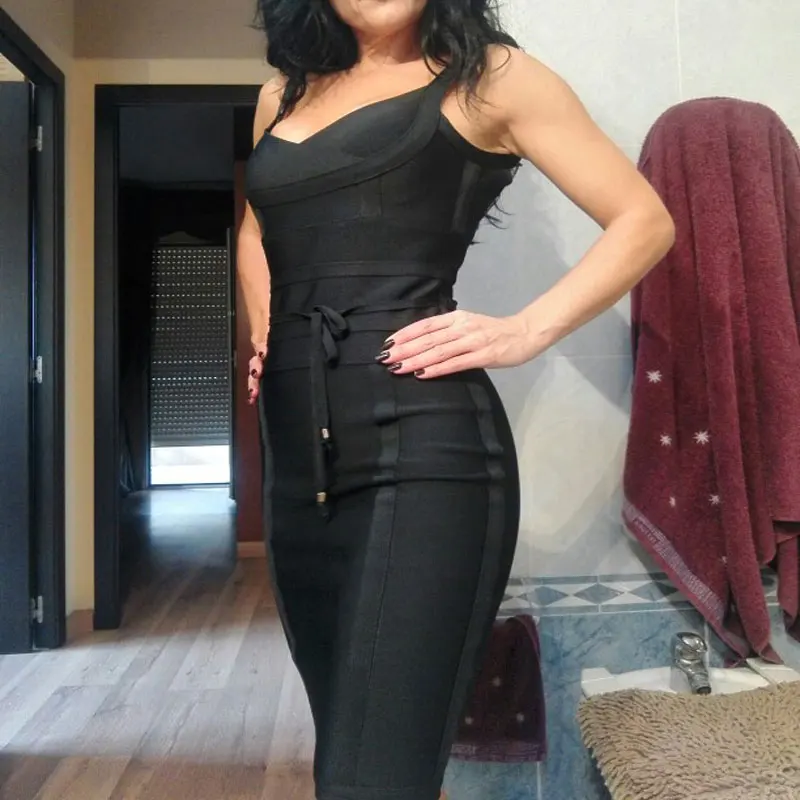 Жёлтое весеннее Новое Спагетти ремень Bodycon платье-повязка до колена Клубная одежда Платья для вечеринок - Цвет: Черный