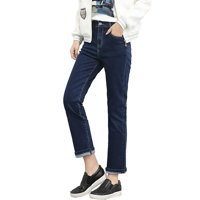 Женские джинсы стрейч LEIJIJEANS однотонные синие прямые свободные полной длины из