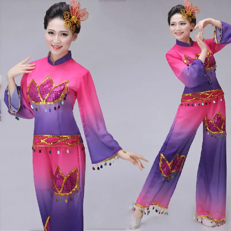 

adult Chinese Folk dance costumes girls purple sequins Embroidery Hanfu yangko fan dance Jiangnan rain classical dance costumes