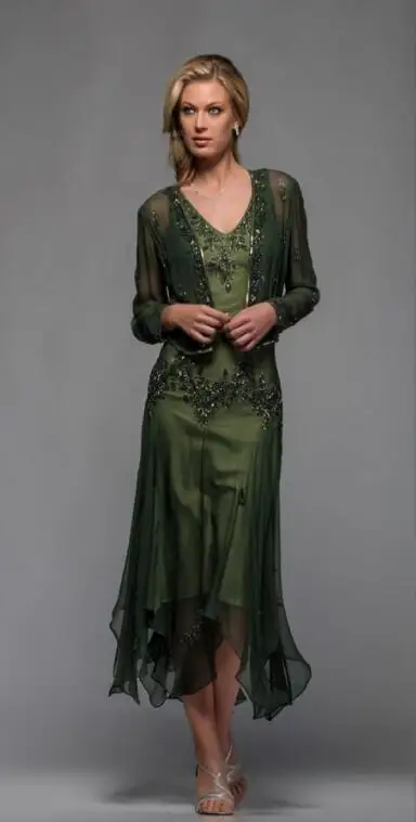 Vestido De Madrinha матери жениха платья с курткой шифон v-образный вырез Чай Длина Мать невесты платья - Цвет: Зеленый