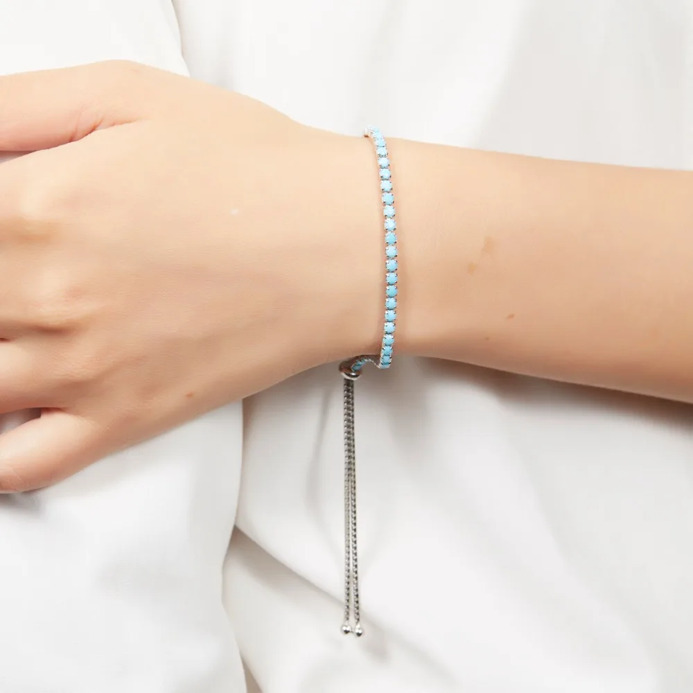 

Hutang Blue Nano Turquoise Adjustable Tennis Bracelet 100% Genuine 925 Sterling Fine Jewelry for Women's Girl's Christmas Gift