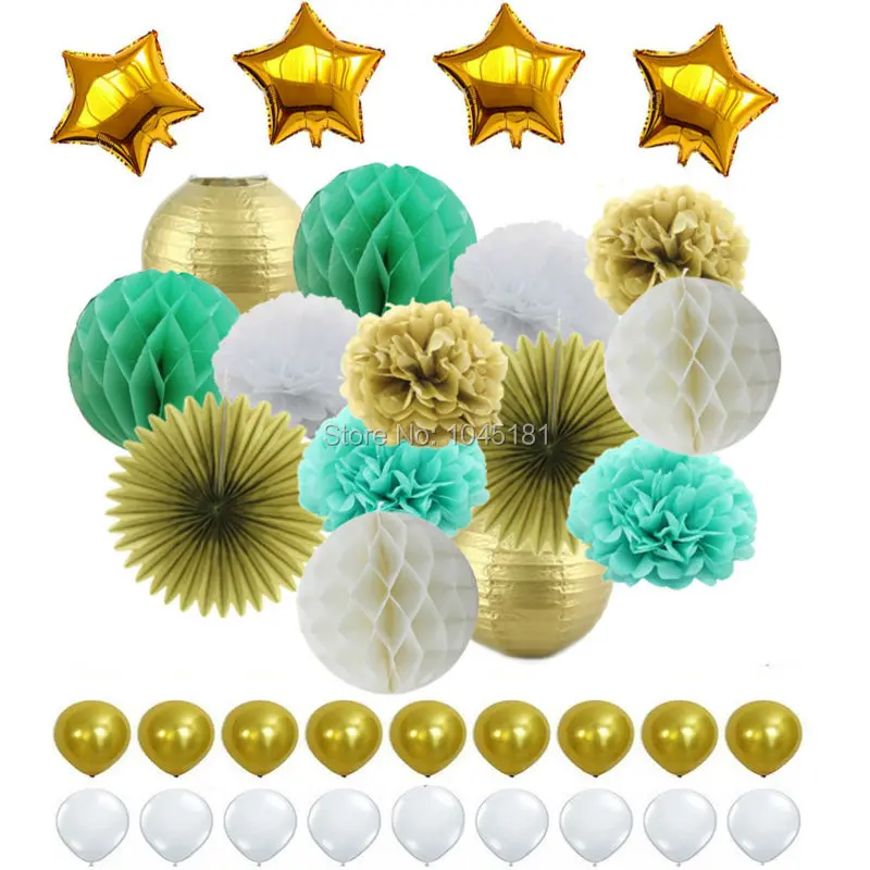 

Mint White Gold Mixed Paper Lantern,Paper Pom Pom,Flower Fan and Paper Ball,Latex&Foil Balloon for Party Hanging Decor Favor