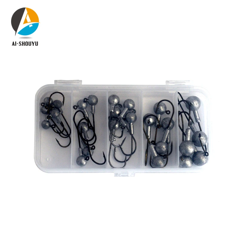 AI-SHOUYU 25 шт./кор. набор рыболовных крючков 2g-10g Lead Jig Head крючки с приманки жесткая коробка для Мягкая приманка рыболовные принадлежности
