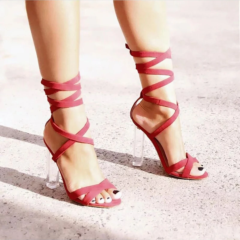 Сандалии женские на шнуровке босоножки высоком прозрачном каблуке туфли с