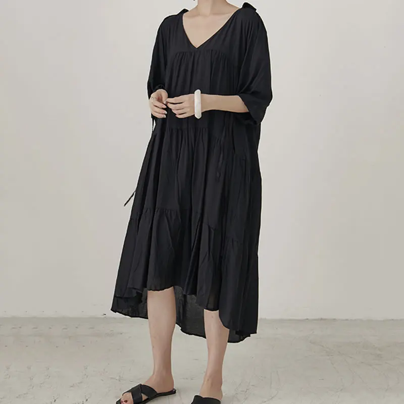 [XITAO] Korea Fashion New Women 2019 Summer V-neck Half Sleeve Solid Color Dress Female Pleated Mid-calf ZLL3746 | Женская одежда