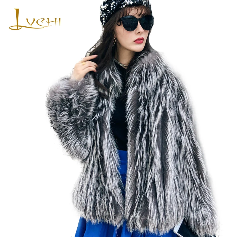 

LVCHI 2019 Winter Import Real Fur Coats Natural Fox Fur Coat Mandarin Collar Silver Color Women's Short Waving Fox Fur Coats