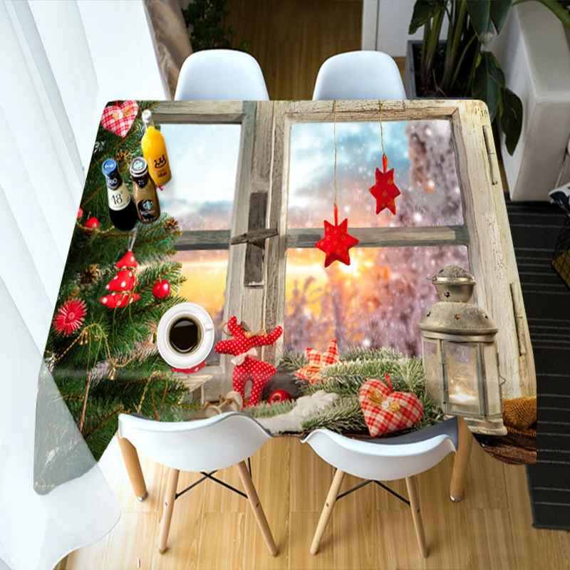 

Waterproof Tablecloth Green Christmas Tree Window Gifts Series Pattern Table Cloth Polyester Home Party Rectangle Table Cover