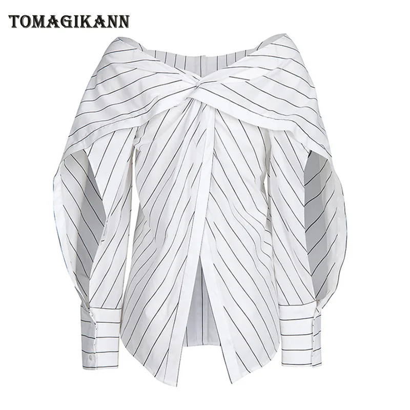 Лето 2019 г. Полосатый крест накрест Тонкий для женщин блузка рубашка открытые руки