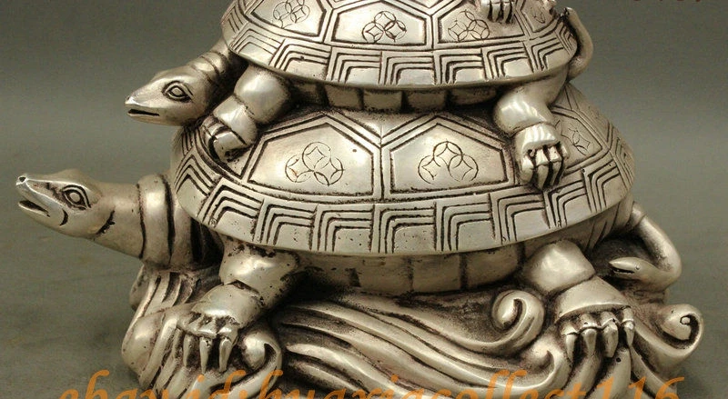 9 Folk Chinese Silver Animals Longevity 3 Dragon Gold Money Turtle XuanWu Statue |