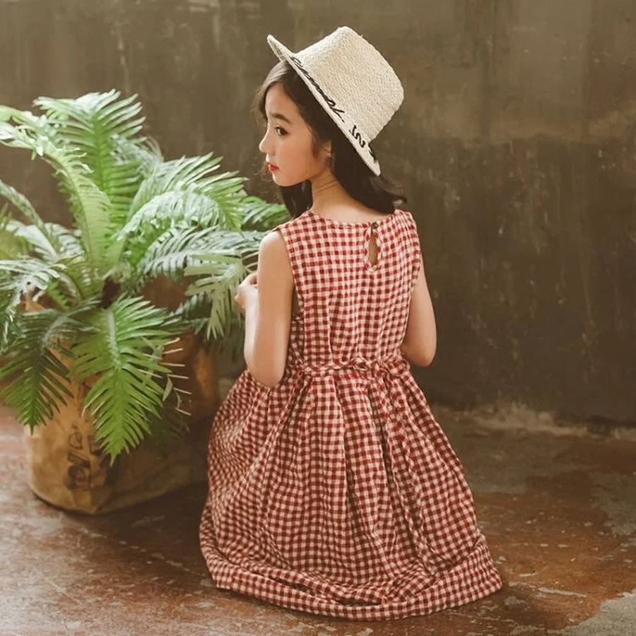 Red Plaid Dress for Girls Summer Kids England Fashion Linen Long Dresses Teen Girl Sleeveless Maxi 8 10 12 14 | Детская одежда и