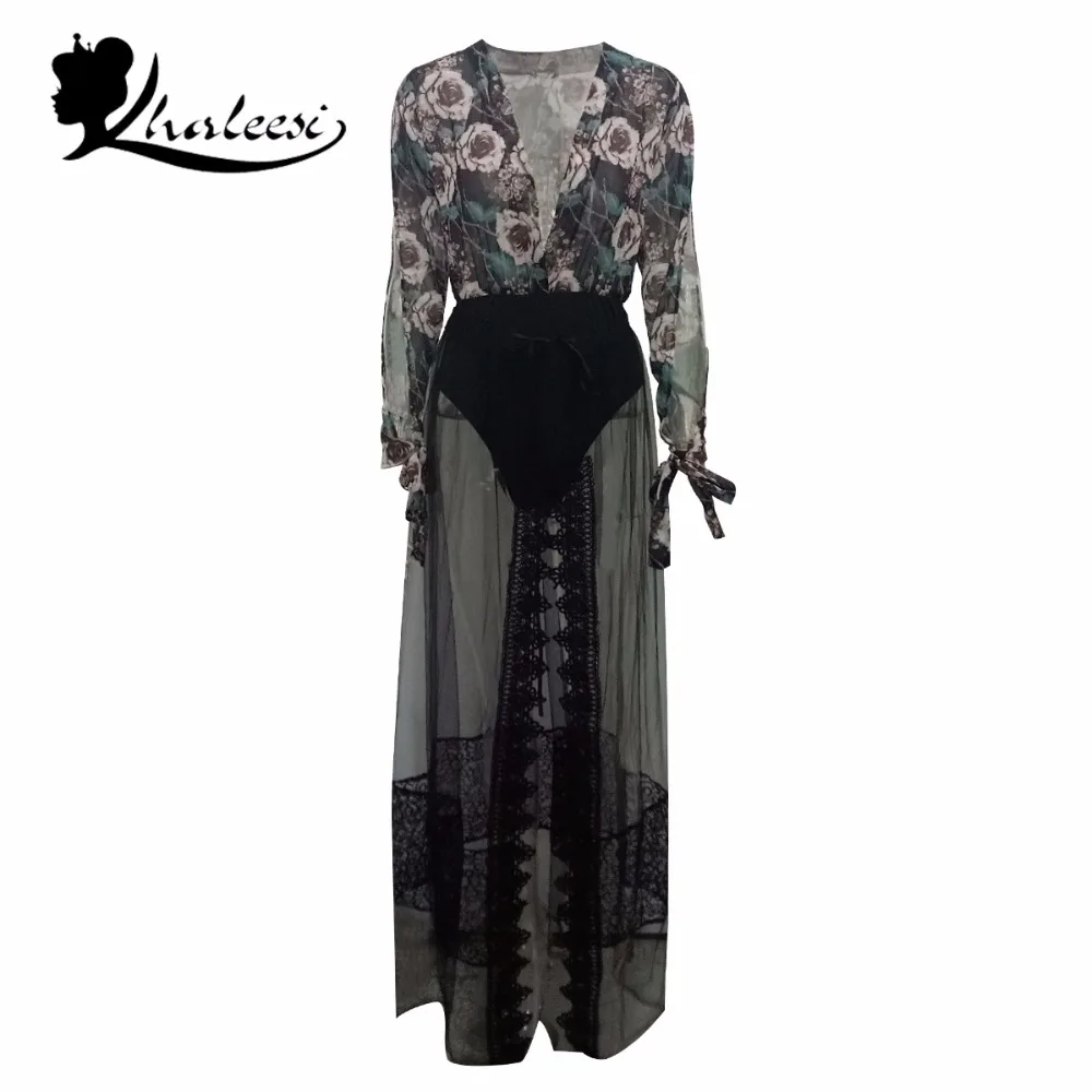 KHALEESI женщины печати шифон Кружева Платье макси с длинными рукавами 2017 Для летних