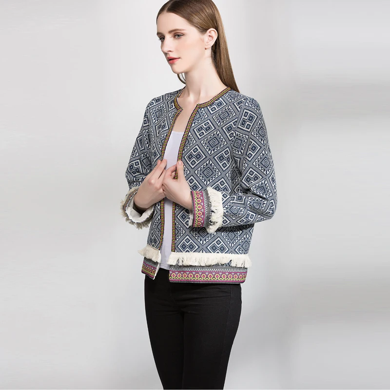 2017 Для женщин кисточкой куртка с принтом Стенд воротник этническом Винтаж feminino