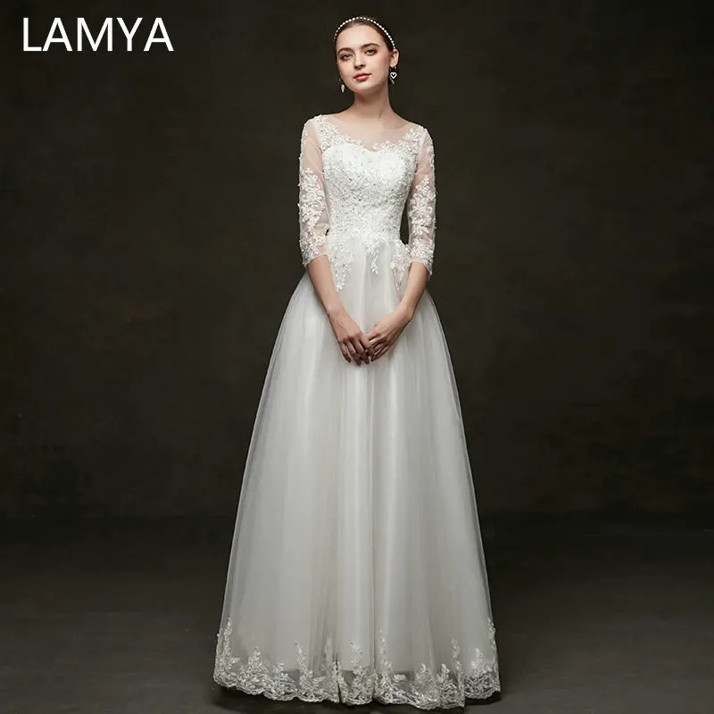 

Мусульманское свадебное платье LAMYA с коротким кружевным рукавом, женские свадебные платья принцессы, элегантное ТРАПЕЦИЕВИДНОЕ кружевное ...