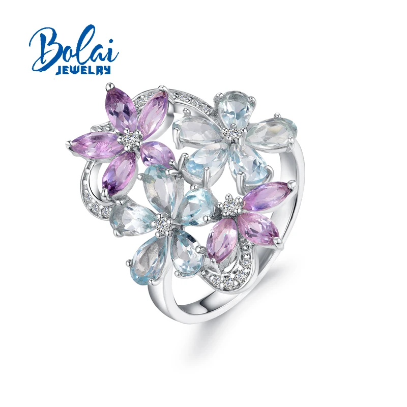 Bolaijewelry цветок и листья натуральный аметист или кольцо с голубым топазом в 925