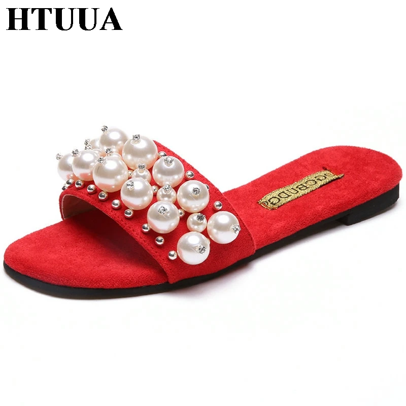 HTUUA/2019 г. Модные женские шлепанцы на плоской подошве с жемчужинами летние