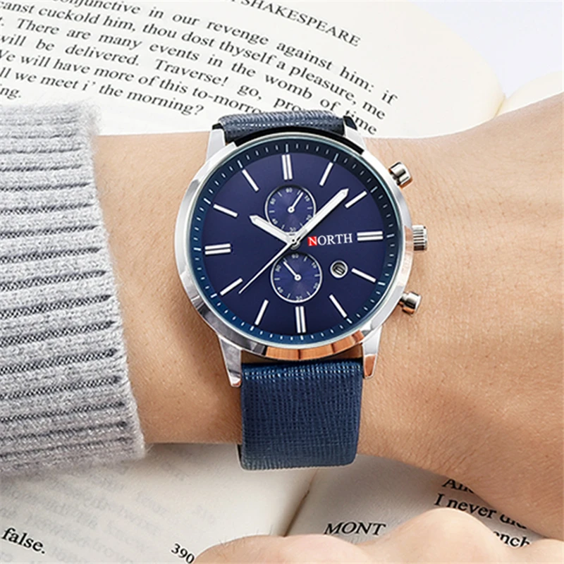 Мужские кварцевые часы NORTH с кожаным ремешком аналоговые повседневные