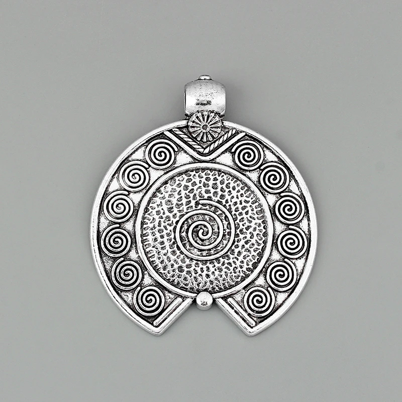 2PCS Antique Silver Large Hammered Carved Spiral Vortex Round Charms Pendants for Necklace Making Jewelry Findings 80x70mm