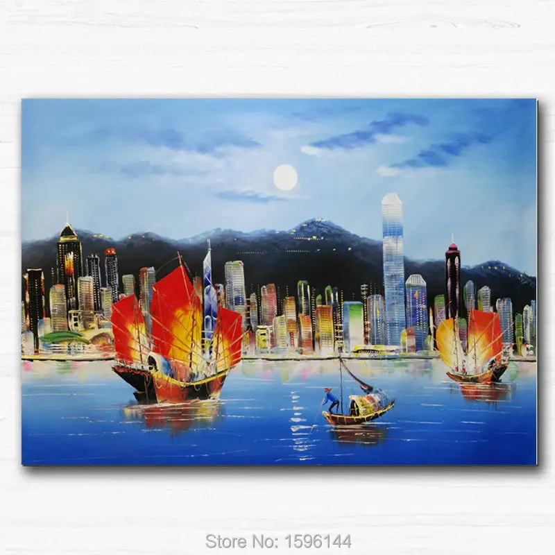 Пейзаж Гонконга Виктория масляная живопись на холсте Ручная роспись Современная