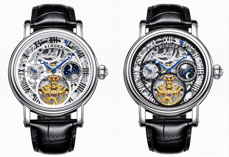 Модные мужские деловые Модные полые часы Moon Phase с кожаным ремешком, Мужские автоматические механические часы со скелетом, водонепроницаемые