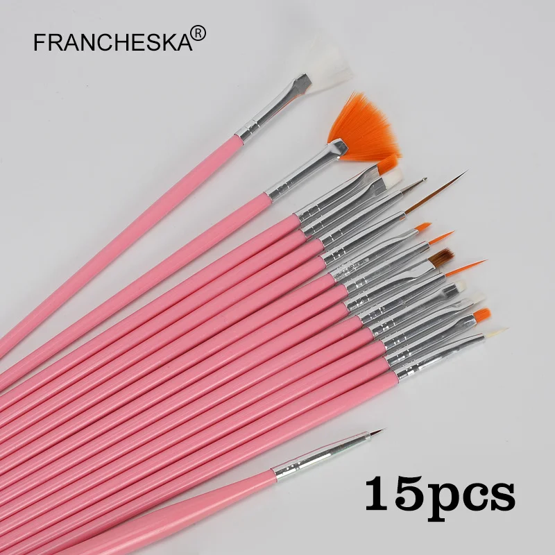 15p Nail Brush Pink Набор кистей для дизайна ногтей, стразы, акриловая кисть для ногтей, ручка для рисования, инструменты для дизайна ногтей, УФ-гель pennelli unghie - Цвет: 15p Nail Brush Pink