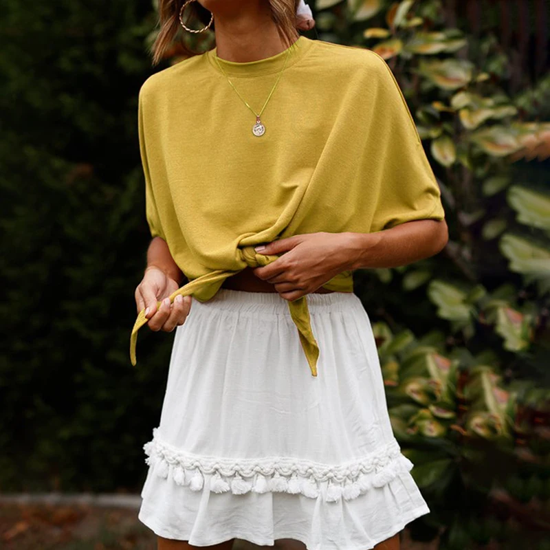 Летняя повседневная женская футболка с бантом 2019 модная Однотонная коротким