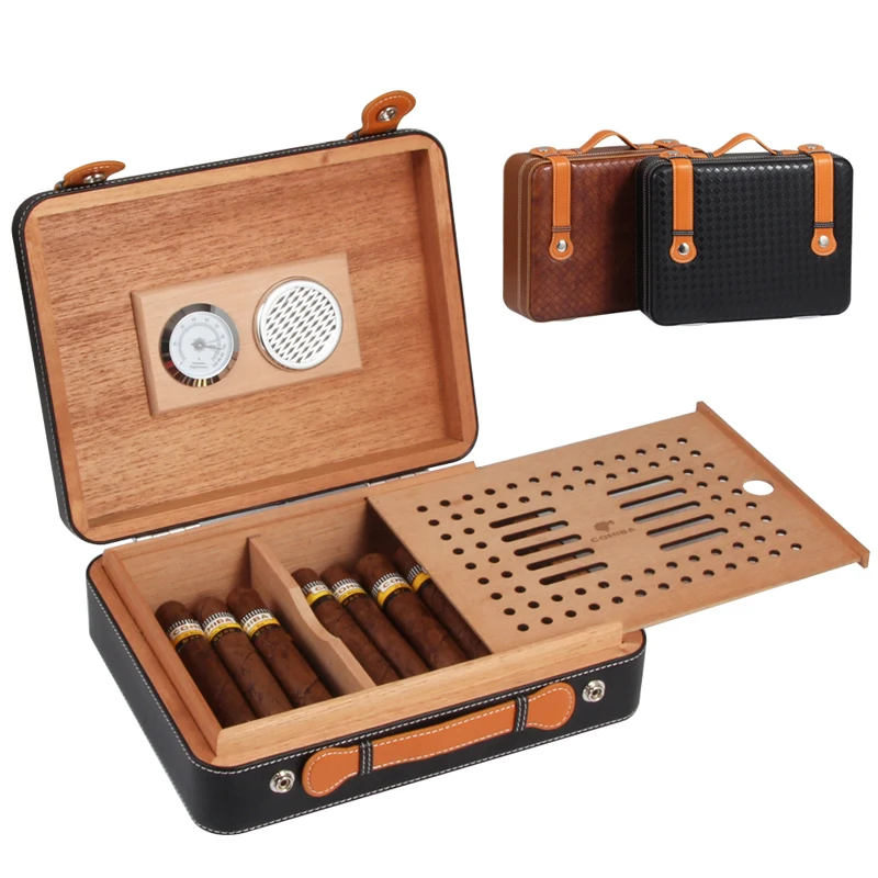COHIBA Cedar Wood Travel Humidor Suitcase Leather Cigar Case Handle Humidors Box With Humidifier Hygrometer | Дом и сад