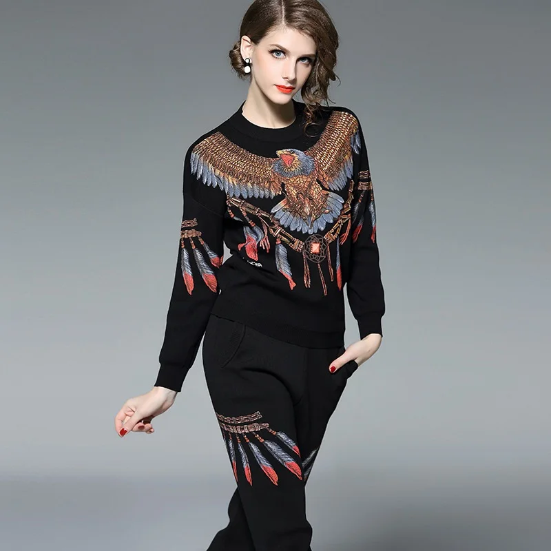 

Eagle pattern rivet beading knit suits female heavy industry beading long sleeve sweater + pant two pieces sets wq1741 factory