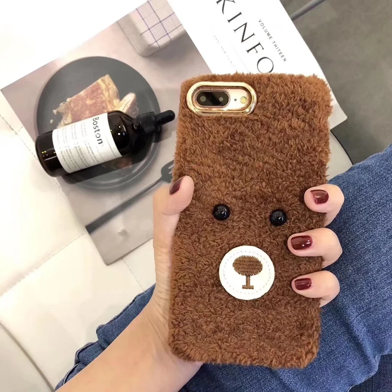 Пушистые меховые силиконовые чехлы для телефонов iPhone X 8 7 6S Plus милый медведь